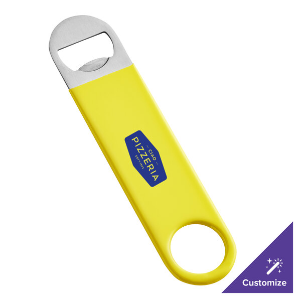 A yellow bottle opener with a customizable area for branding or logos.