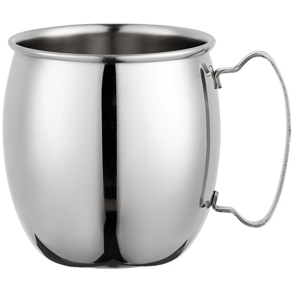An Acopa silver stainless steel mug with a handle.