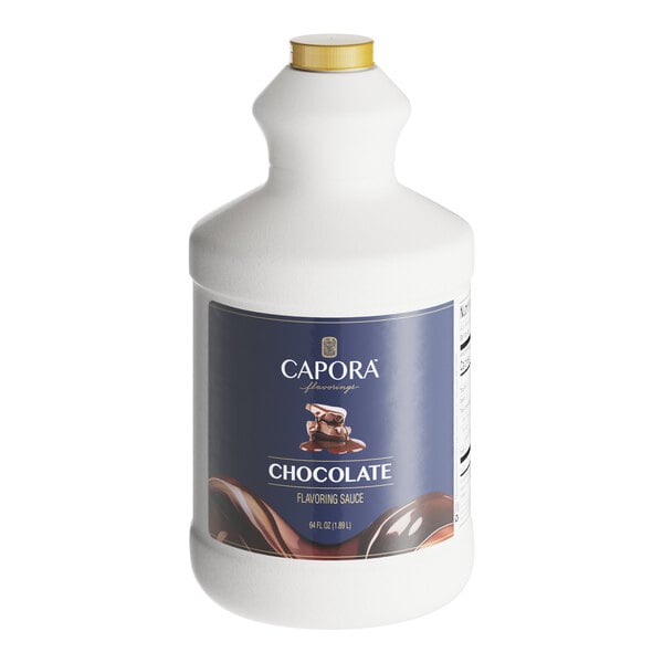 A white bottle of Capora Chocolate Flavoring Sauce with a blue label.