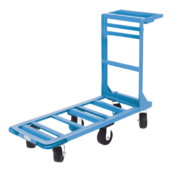 A blue metal utility cart with a slatted base, upright handle, and four heavy-duty rubber wheels.