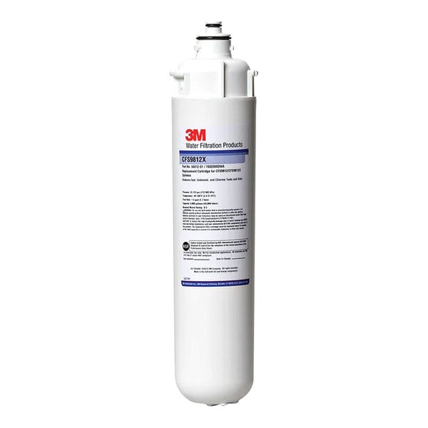 A white 3M water filtration cartridge with black text and a black cap.