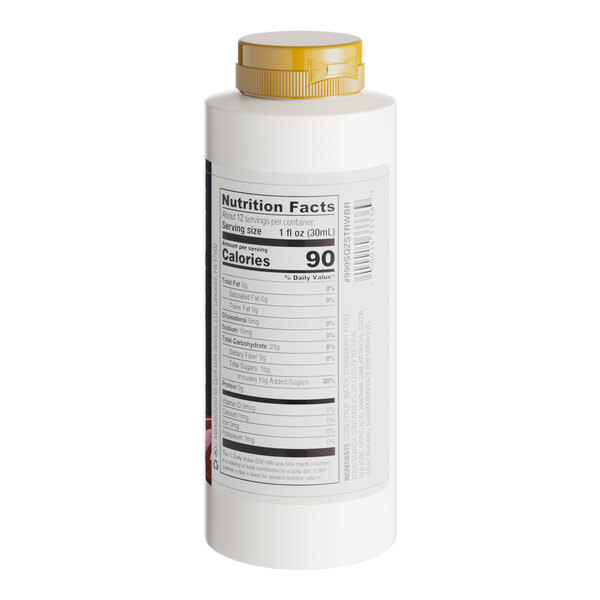 A white bottle of Capora Strawberry Flavoring Sauce with a yellow lid and label.