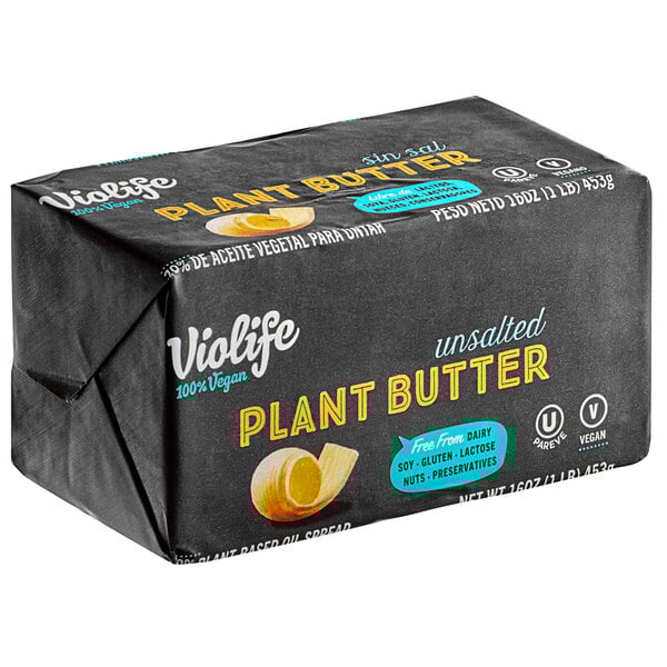 A black package of Violife Plant-Based Vegan Unsalted Butter on a counter.