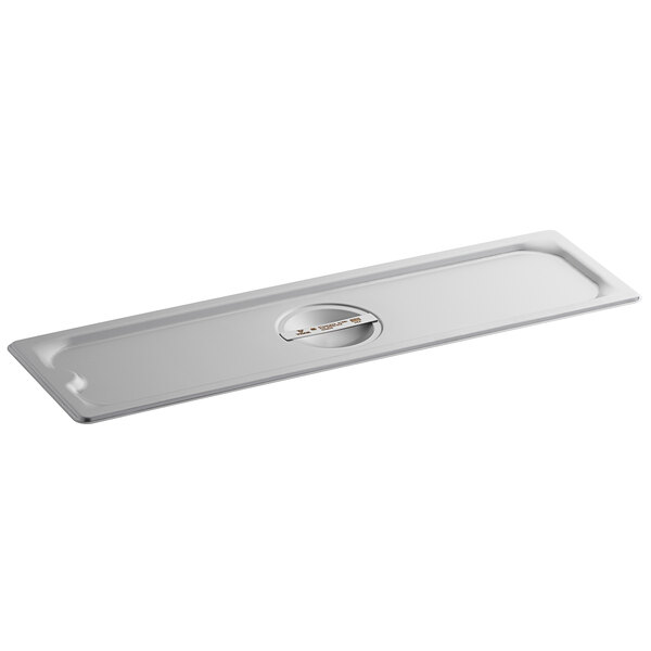 A white rectangular stainless steel tray with a circular hole in the middle.