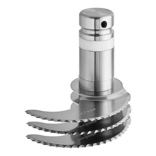 A Robot Coupe stainless steel serrated blade assembly with three circular blades.