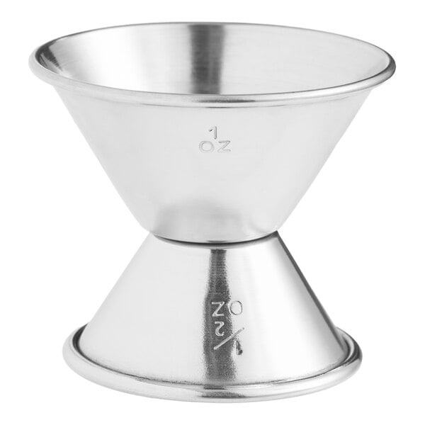A stainless steel jigger with 0.5 oz. and 1 oz. measurement markings.