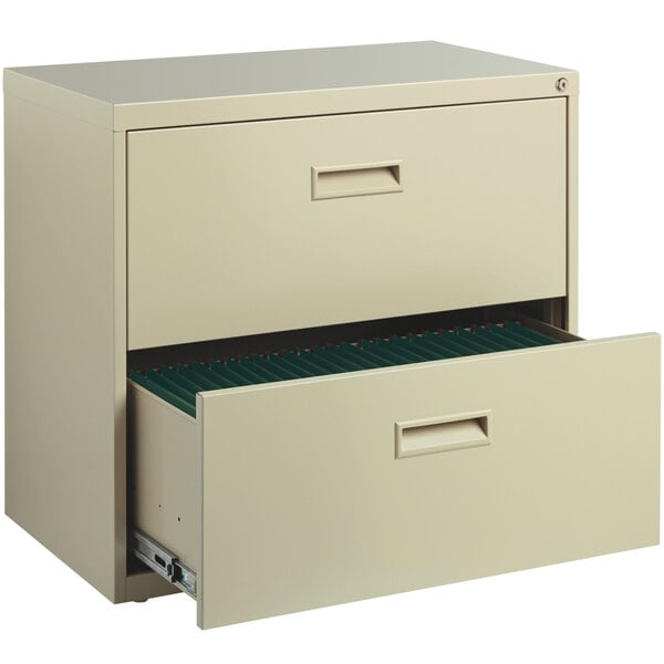 A Hirsh Industries lateral file cabinet with two drawers, one open.
