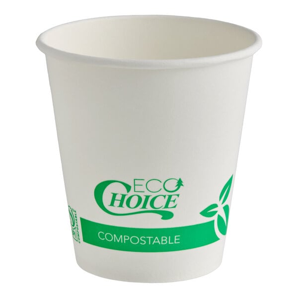 A white paper cup with green eco-friendly graphics and the word 'COMPOSTABLE' printed on it.