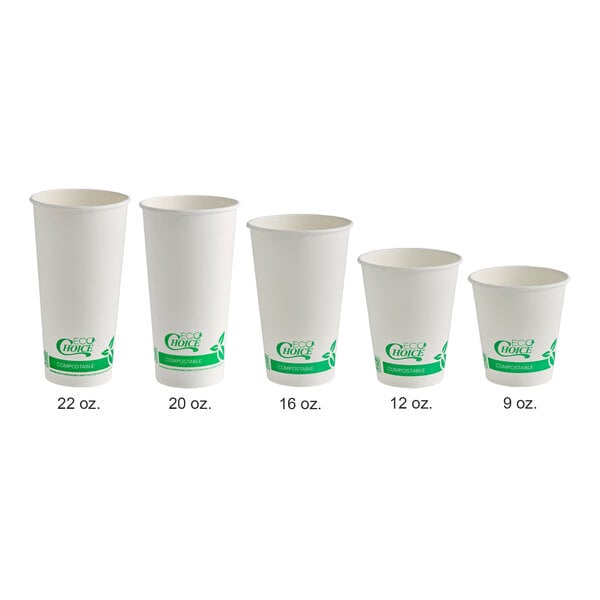 Five white cups with green labels are shown in a row, each labeled with a different capacity: 22 oz., 20 oz., 16 oz., 12 oz., and 9 oz.