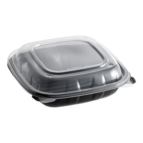 Choice 8" x 8" x 3" Microwaveable 1-Compartment Black / Clear Plastic Hinged Container - 100/Case