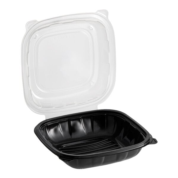 Choice 8" x 8" x 3" Microwaveable 1-Compartment Black / Clear Plastic Hinged Container - 100/Case