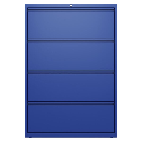 A blue Hirsh Industries four-drawer lateral file cabinet.