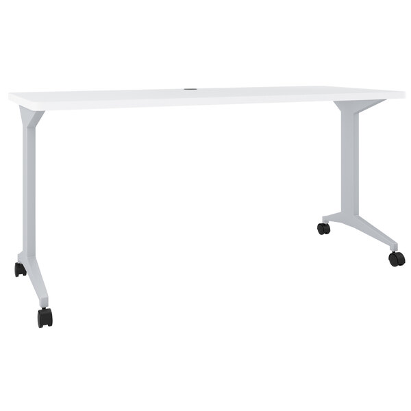 A white rectangular Hirsh Industries office table with black wheels.