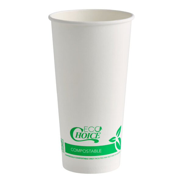 A tall white paper cup with green eco-friendly labeling and a compostable symbol near the base.