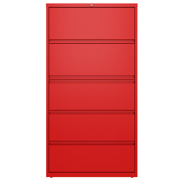 A red Hirsh Industries lateral file cabinet with five drawers.