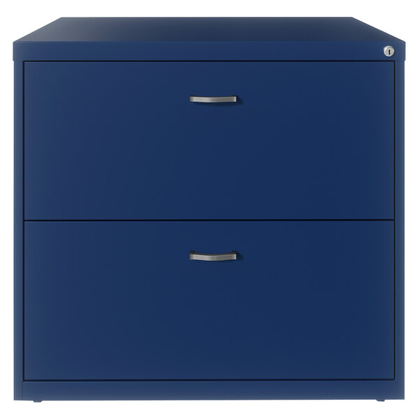 A navy blue Hirsh Industries lateral file cabinet with two drawers and silver handles.