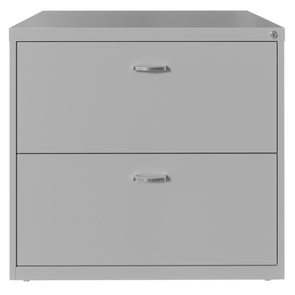 A grey Hirsh Industries lateral file cabinet with two drawers.