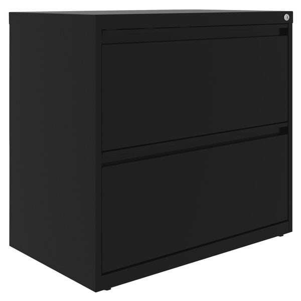 A black file cabinet with two drawers.