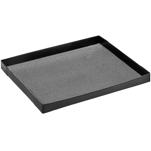 A black rectangular Baker's Mark mesh basket with a gray surface.