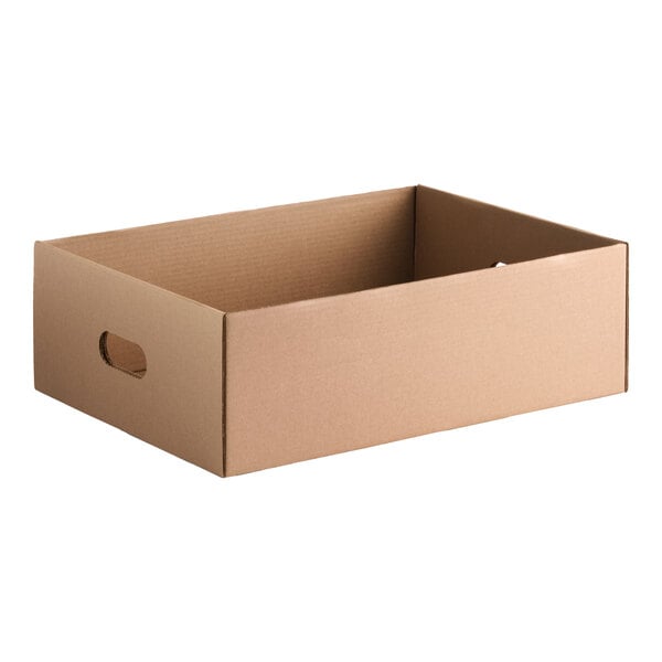 A rectangular corrugated cardboard catering tray with cutout handles on the sides.