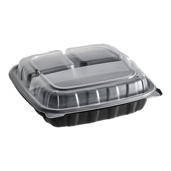 Choice 9" x 9" x 3" Microwaveable 3-Compartment Black / Clear Plastic Hinged Container - 100/Case