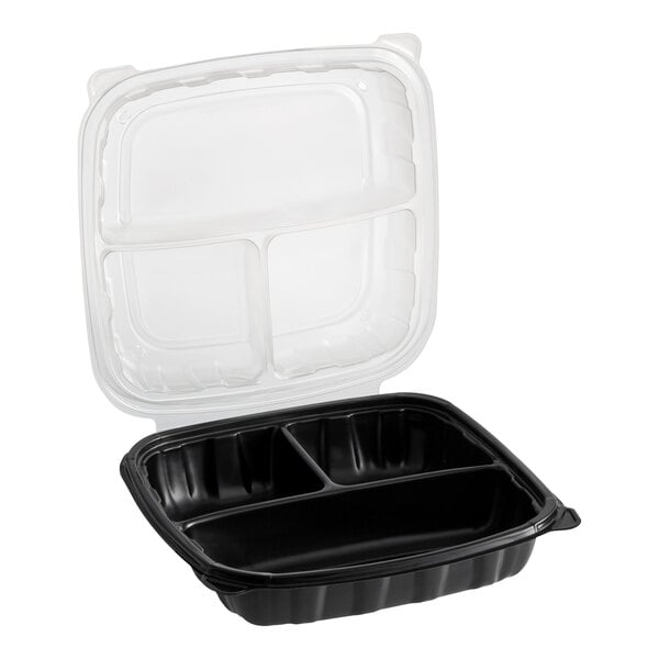 Choice 9" x 9" x 3" Microwaveable 3-Compartment Black / Clear Plastic Hinged Container - 100/Case