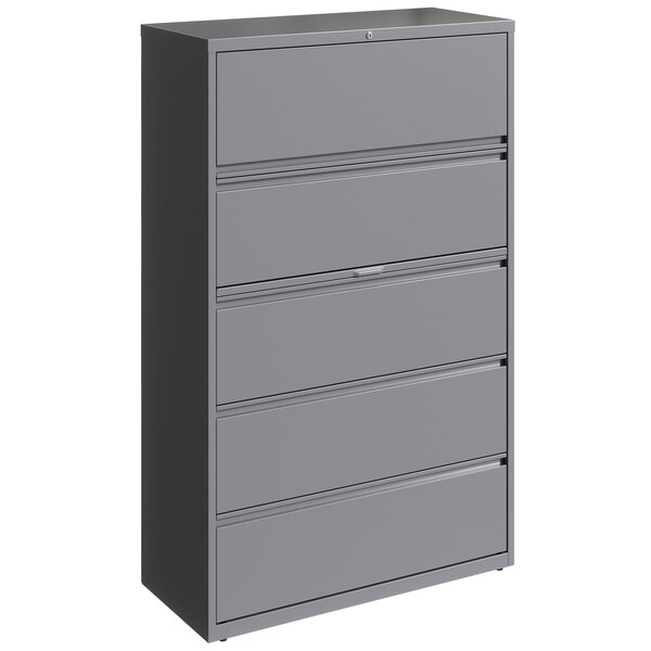 A gray Hirsh Industries steel filing cabinet with drawers.