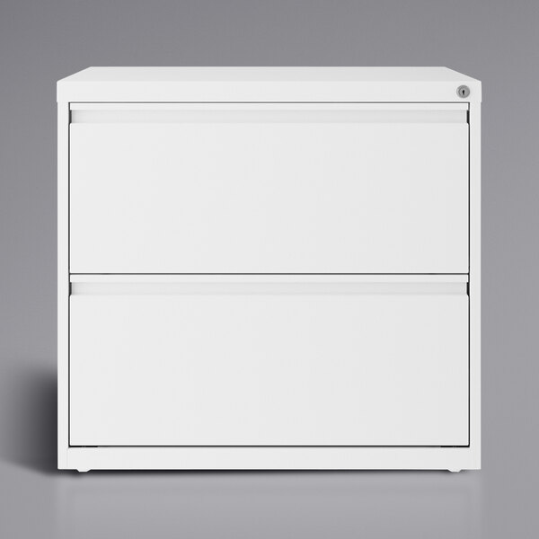 A white file cabinet with two drawers.