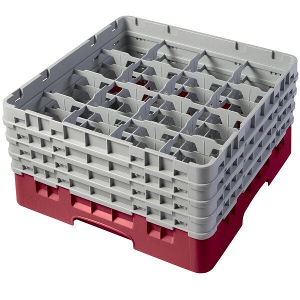 A red and gray plastic Cambro glass rack with extenders.