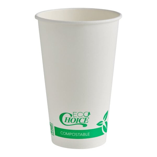 A white paper cup with green eco-friendly branding and the word 'COMPOSTABLE' printed on it.