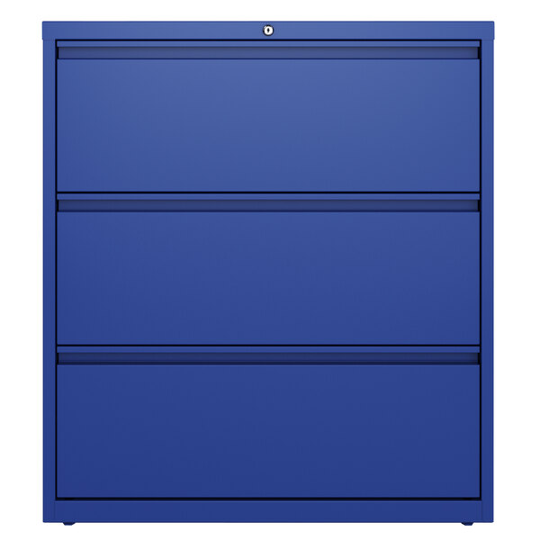 A blue rectangular Hirsh Industries file cabinet with three drawers and black trim.
