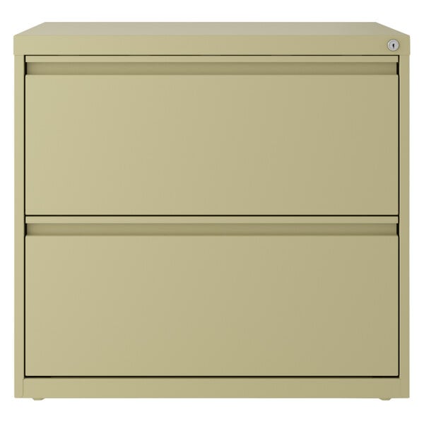 A tan Hirsh Industries lateral file cabinet with two drawers.