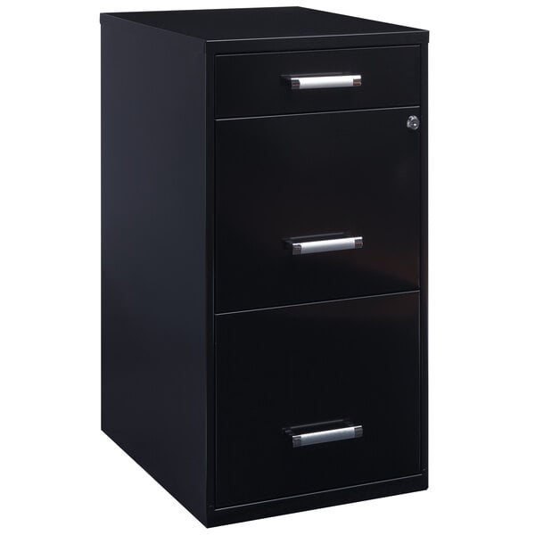 A black Hirsh Industries file cabinet with three drawers and a silver handle.