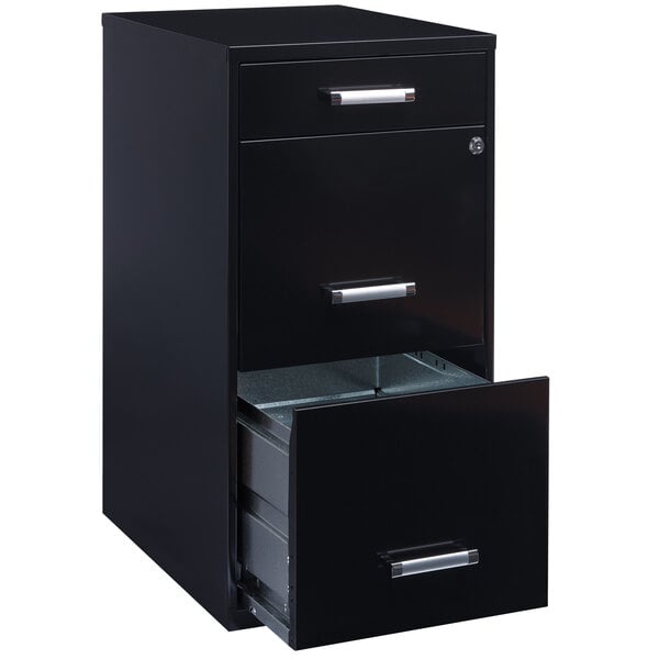 A black Hirsh Industries vertical file cabinet with an open drawer.