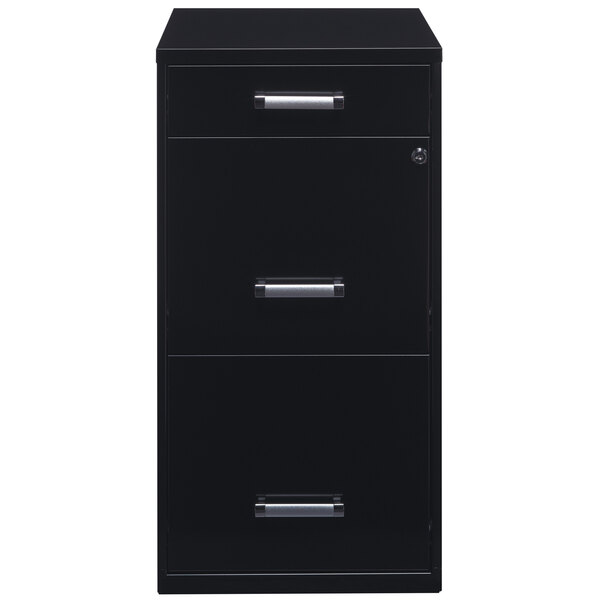 A close-up of a black Hirsh Industries three-drawer file cabinet.