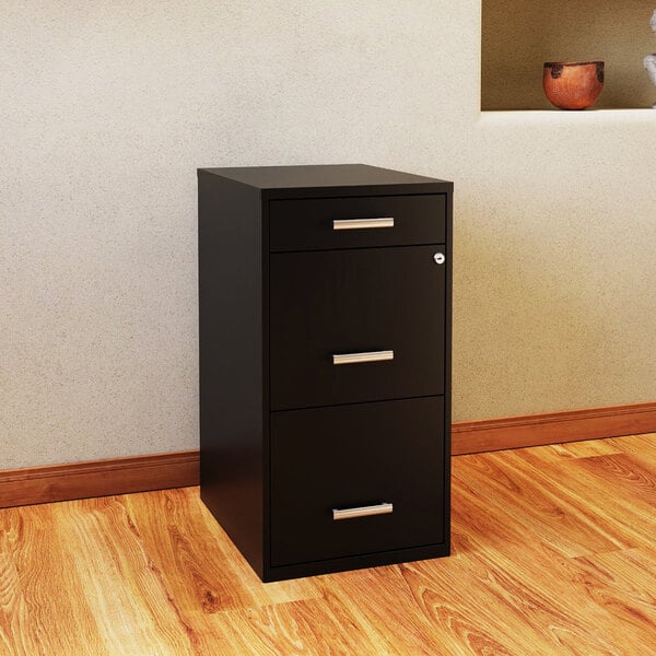 Hirsh 20990 Space Solutions SOHO Black Three-Drawer Vertical Organizer File Cabinet with Supply Drawer - 14 1/4" x 18" x 27 1/2"