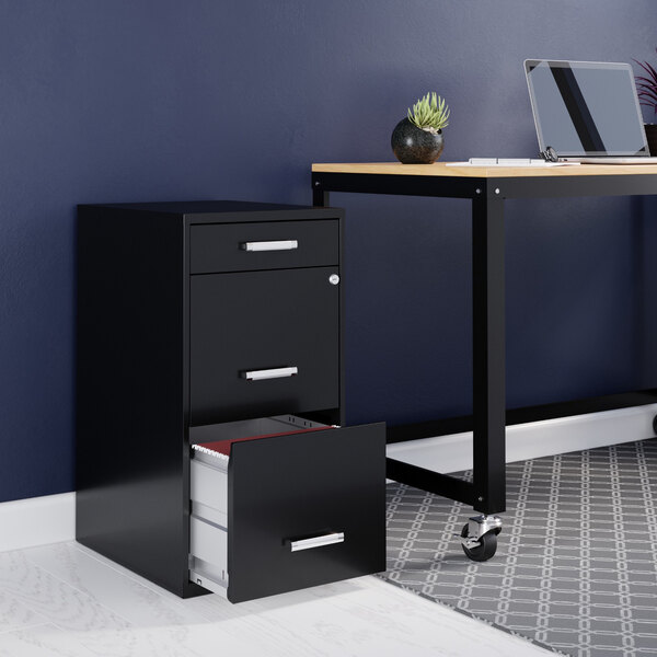 Hirsh 20990 Space Solutions SOHO Black Three-Drawer Vertical Organizer File Cabinet with Supply Drawer - 14 1/4" x 18" x 27 1/2"