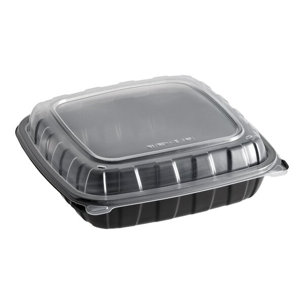 Choice 9" x 9" x 3" Microwavable 1-Compartment Black / Clear Plastic Hinged Container - 100/Case