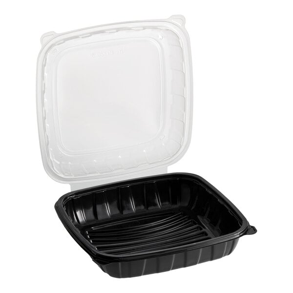 Choice 9" x 9" x 3" Microwavable 1-Compartment Black / Clear Plastic Hinged Container - 100/Case
