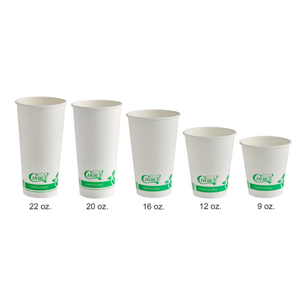 Five white paper cups of varying sizes, each labeled with its capacity (22 oz., 20 oz., 16 oz., 12 oz., and 9 oz.), featuring a green EcoChoice compostable logo.
