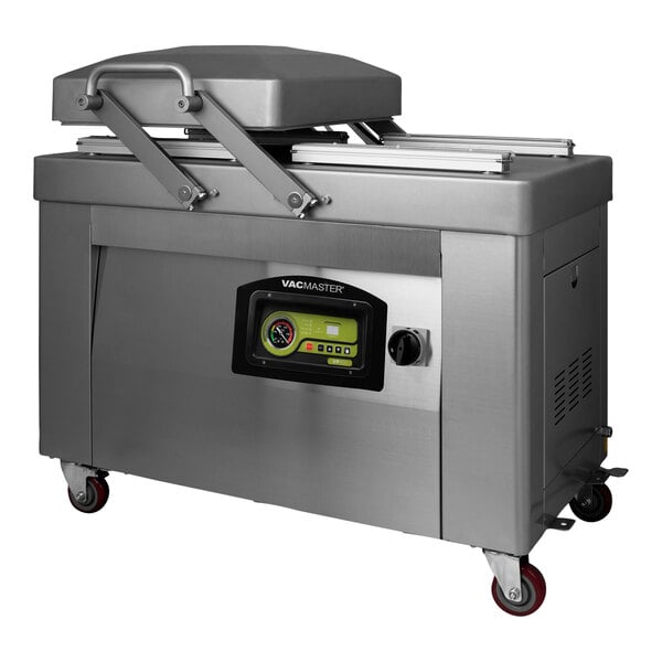 A VacMaster VP400 vacuum packaging machine with wheels and a screen.