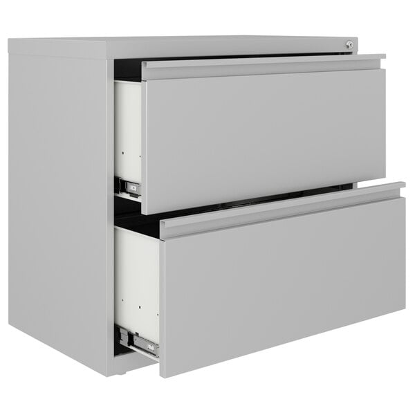 A white Hirsh Industries lateral file cabinet with two drawers.