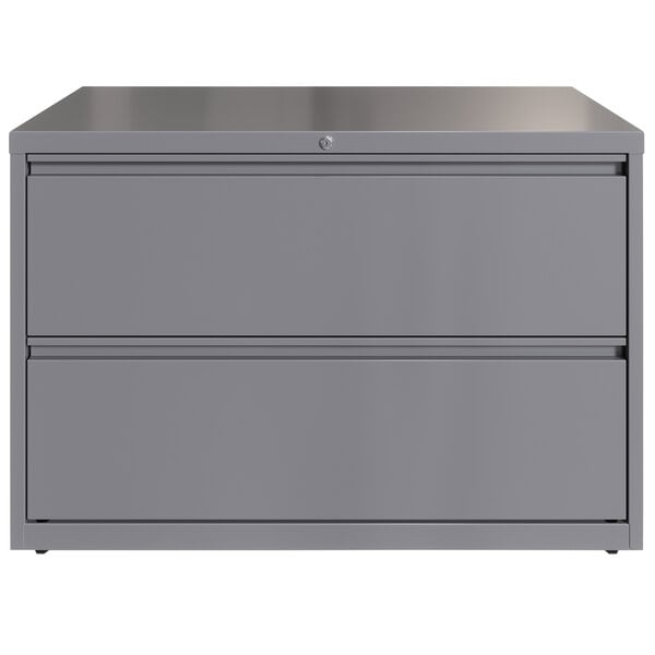 A grey steel Hirsh Industries lateral file cabinet with two drawers.