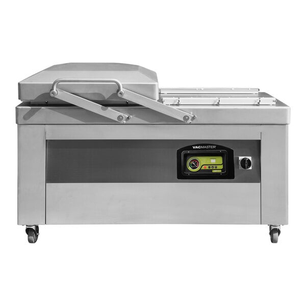 A VacMaster VP600 double chamber vacuum packaging machine with wheels and a screen.
