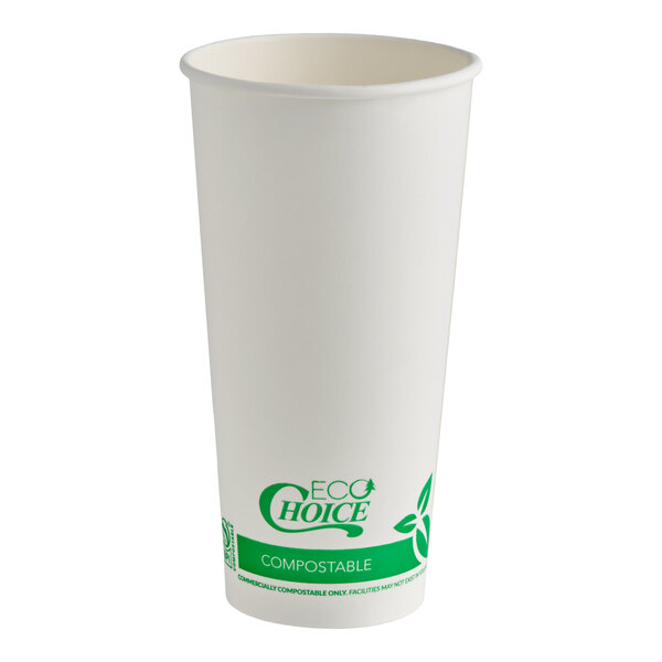 A tall, white paper cup with green eco-friendly labeling and a compostable symbol near the base.