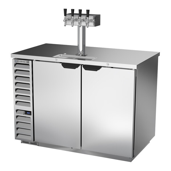 A stainless steel Beverage-Air kegerator with two beer taps.
