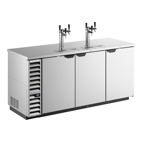 A stainless steel triple tap kegerator beer dispenser with a left side compressor and three doors.