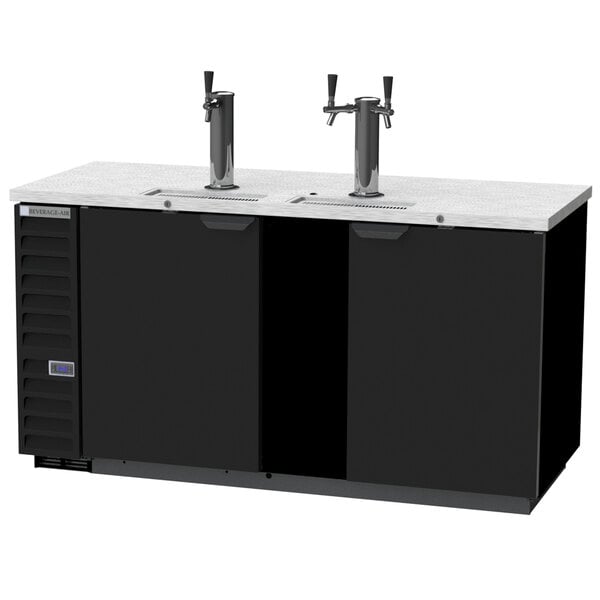 A black Beverage-Air beer dispenser on a black counter with two taps.