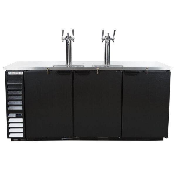 A black Beverage-Air beer dispenser with two taps on the right side.