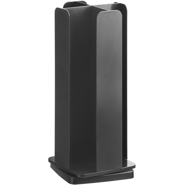A black rectangular Choice 4-section revolving cup and lid organizer on a counter.